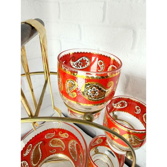 Stunning Vintage MCM Culver Red Paisley Ferris Wheel Bar Glasses & Ice Bucket - Picture 3 of 10
